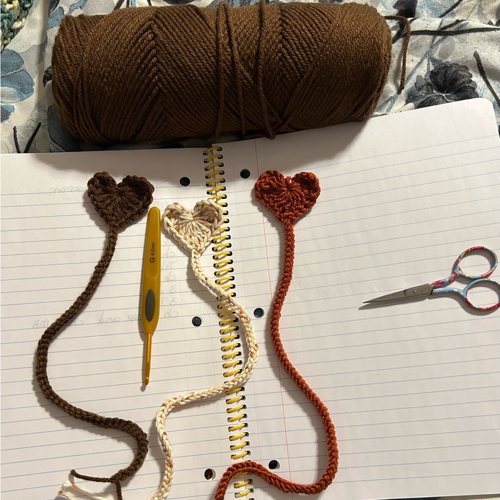 Handmade Crochet Heart Bookmarks - Brown, Cream, Orange
